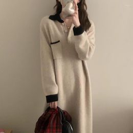 Casual Dresses Clothland Women Chic Long Sweater Dress Polo Neck Sleeve One Pocket Straight Midi Vestido Knitwear QB601