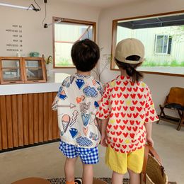 Barnskjortor Summer Boys Girls Cartoon Fashion Printing Shirts Korean Style Barn Bomull Kort ärm Casual Holiday Shirt Kids Topps 230628