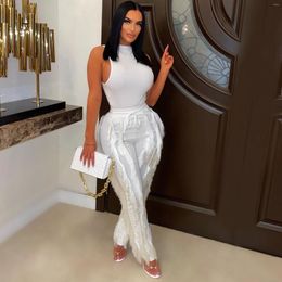 Women's Two Piece Pants CINESSD 2023 Two-Piece Set Tassel Trousers Sleeveless Top Pure Colour Casual Suit Summer Sexy
