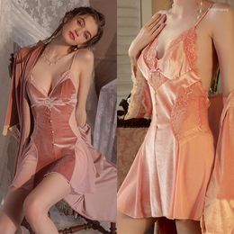 Women's Sleepwear Sexy Robe Sets V Neck Sleep Dress Kimono Sling Home Clothes Gold Velvet Winter Chest Pad Suit Nightgown Loose 2Pcs