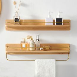 Towel Racks Bathroom Shelf Wooden Brass Hook Towel Rack Wall Storage Rack Bathroom Accessories Home Decoration Storage Bath Shelf Organazer 230629