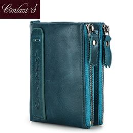 Contact's Genuine Leather Wallet Women Coin Pocket Double Zipper Card Holder Money Bags Fashion Ladies Small Purses Mini Wallet