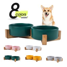 Boxes Round Dog Cat Bowl with Wood Stand, Durable Ceramic Food Water Elevated Dish for Pet, Modern Cute Weighted Food Water Set,