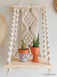 Other Home Decor DIY Handmade Tassel Tapestry Hanging Shelf Cotton Rope Woven Plant Hanger Wood Floating Shelf Decor R230630