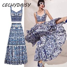 Two Piece Dress Two Pieces Skirt Sets Women Sexy Short Spaghetti strap Top Blue and White Porcelain Skirts Suit Outfits Traf Runway Fashion 230629