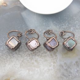 Charms Natural Rose Quartz Aventurine Amethysts Tiger Eye Square Stone Copper Loop Cube Vintage Pendants Antique Hoop Gemstones 230629