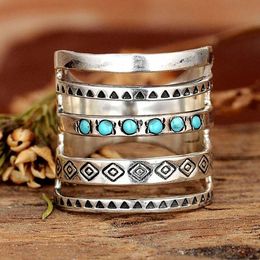 Bohemian Ethnic Style Hollow Out Adjustable Size Rings for Women Silver Color Blue Oil Drip Design Creative Party Jewelry Girl