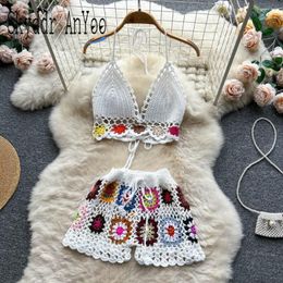 Women's Tracksuits 2023 Summer Short Sets Knitted V-Neck Sexy Top Women Two Piece Set And Shorts Beach Women's Suit In Matching