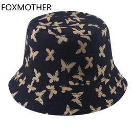 FOXMOTHER 2021 New Fashion Reversible Black Butterfly Print Bucket Hats Bob Fisherman Caps Women Ladies gorras