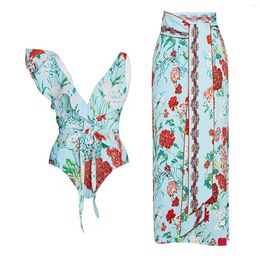 Women's Swimwear Green Retro Floral One Shoulder Ruffled Swimsuit And Wrap Skirt Set Suit