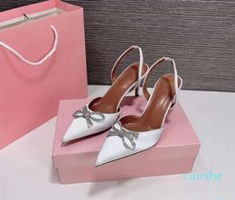 Fashion Women Sandals Double Bow 70 mm Toe Satin Elasticated Slingback Strap Designer Sandal High Heels Box EU 34-40