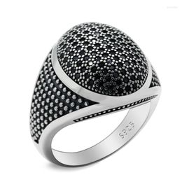 Cluster Rings 925 Sterling Silver Men's Ring Paved With Black Cubic Zircon Retro Turkey Exquisite Luxury Jewellery Gift