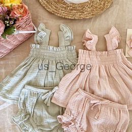 Clothing Sets Summer 2023 Baby Girls Suit Set Solid Cotton Linen Casual Square Neck Fly Sleeve TopsRuffle Shorts Clothes for Toddler Infant J230630