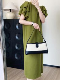 Luxury French Premium Bubble Sleeves Green Straight Dress Summer Women's Mid length Loose fitting Long Dress 9325