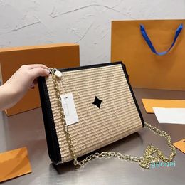Summer Straw Bag Clutch Bags Fashion Woven Embroidery Letter Women Handbag Metal Hardware Chain Zipper Closure Crossbody Purse Wallets