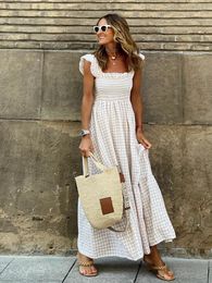 Casual Dresses HOUZHOU Elegant Plaid Long Dress Summer Streetwear Fashion Ruffles Patchwork White Women Holiday Party Sundress