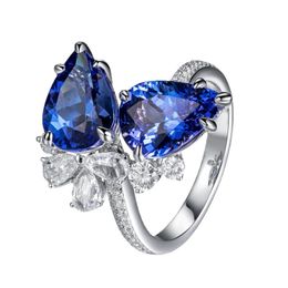 Double Diamond Tanzanite Blue Water Drop Pear Ring Sapphire Opening Ring Women's Wedding Party Gift
