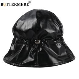 BUTTERMERE Black Bucket Hat Women Designer Pu Leather Autumn Winter Wide Brim Drawstring Brand Casual Ladies Hats