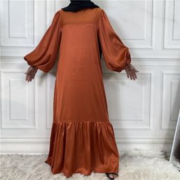 Ethnic Clothing Fashion Long Sleeve Abaya Hijab Satin Dress 2023 Women Dubai Turkey Muslim Dresses For Party Elegant Femme Ruffles Slim Robe