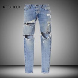 Whole- version men Vintage destroyed skinny blue denim jeans Mens Knee Hole slim Distressed Jeans Knife Cut Ripped Jeans 248E