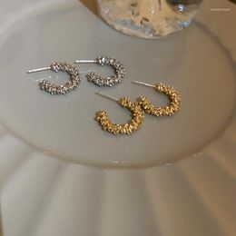 Hoop Earrings Minimalist Folds Gold Silver Colour Metal Geometric Circle C-shape Stud For Women Trendy Wedding Round Jewellery