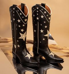 Boots Black star embroidered western cowboy boots thick heel women's size boots middle boots platform motorcycle boots 230629