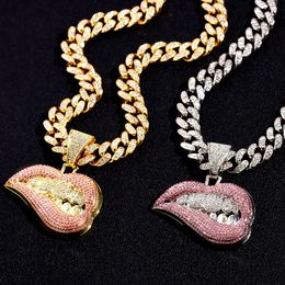 Pendant Necklaces Hip Hop Bite Lip Shape Full Rhinestones Cuban Chain Necklace for Men Women Iced Out Zircon Tennis Punk Jewellery 230613