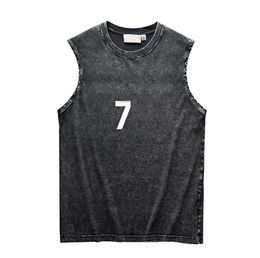 Men's Women's Tanks High Street Summer Number Print Washed Edge-cut Vest Cotton Tank Tops Casual