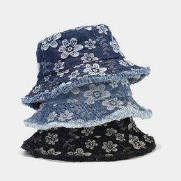 LDSLYJR Spring Denim Cartoon Flower Embroidery Bucket Hat Fisherman Hat Outdoor Travel Sun Cap For Girl And Women 151