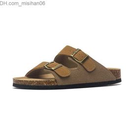 Slippers Summer Mens Cork Slippers Suede Leather Mule Slippers Man Soft Cork Two Buckle Beach Slides Footwear For Men 45 220819 Z230630