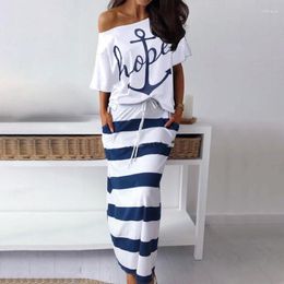 Casual Dresses Vintage Striped Dress Women Off Shoulder Blouses T-Shirt & Maxi 2 Pieces Boat Anchor Print Loose Long