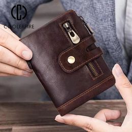 Men Wallet High Quality Fashion Genuine Leather Chains Short Vintage Coin Bag Wallet Zipper Male Short Purse Card Holder PJ193