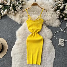 Casual Dresses Sexy Sleeveless Bodycon Knit Slip Dress Chic Vintage Fashion Party Sundress Women Elegant Slim Wrap Pencil Vestido