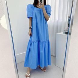 Casual Dresses South Korea Dongdaemun 2023 Summer Minimalist Style Loose Fat Mm Meat Cover Solid Colour Square Collar Bubble Sleeve Dress