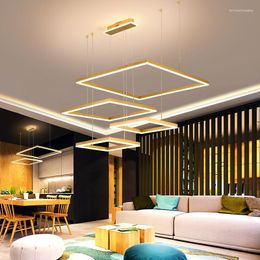 Pendant Lamps Modern Living Room Chandelier Gold Square Hanging Light Rectangular Hall Dining Duplex Stair