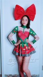 Stage Wear Women Christmas Costume Adult Performance Rave Party Dance Outfit Red Shining Crystals Feathers Bodysuit Jumpsuits