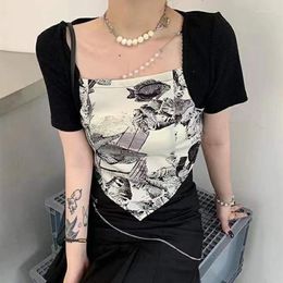 Women's Sweaters Black White Short Pullover Summer Irregular Knitting Shirt Elegant Vintage Printed Scarf Patchwork Knitwear T-shirt Tops