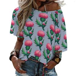 Women's T Shirts Thistle Ruffle Short Sleeve T-Shirt V Neck Sexy Printed Shirt Tops Flower Plant Pink Magenta Sprout Cute