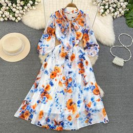 Casual Dresses French Retro Dress For Women Floral Print Lace-up Scarf Collar Female Long Sleeve A-line Elegant Vestidos Drop