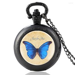 Pocket Watches 2023 Arrival Blue Butterfly Vintage Quartz Watch Men Women Glass Dome Pendant Necklace Hours Clock Gifts