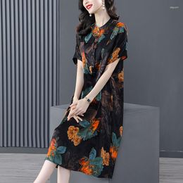 Casual Dresses Summer Vintage Printing O-neck Short Sleeve Midi Dress Women Clothing Office Lady Buttons Loose Silk A-line Skirt Ladies