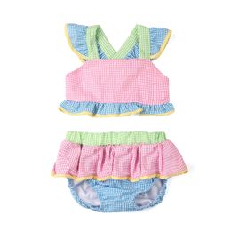 Clothing Sets Arrival Baby Girl Swimsuit Seersucker Strip Toddle Girls Children Bikini Swimwear Ruffle Bow Bathing Suit Set 230630