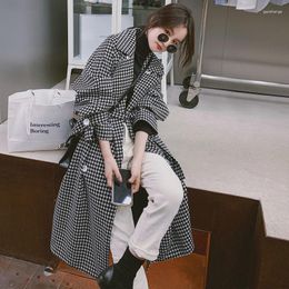 Women's Trench Coats Black And White Plaid Coat Women's Spring Autumn 2023 Over-the-knee Length All-match Elegant Windbreaker