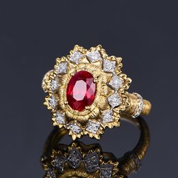 With Side Stones 14K Gold Ruby Ring for Women Fine Anillos De Red Ruby Gemstone Jewelry Anel Females TRENDY Origin Stone 14K Yellow Gold Ring 230629