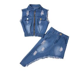 Clothing Sets Kids Infant Baby Girl Denim Outfits Vest Skirt Brushed Trim Elastic Irregular Hem Casual Summer Ripped 1 6T 230630