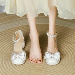 Sandals Pearl Bow Women 2023 Summer Mary Jane Thick Heel High Heels Elegant Female Party Sandal Sweet Cute Lolita Shoes