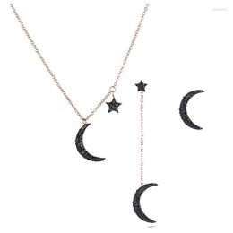 Necklace Earrings Set Fashion Jewellery Star & Moon Pendant Black Rhinestones Rose Gold Colour Earring Chirstmas Gift