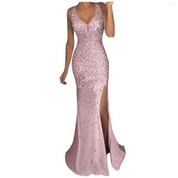 Casual Dresses Sexy Long Gold Party Dress V Neck Sequin Sleeveless Elegant Evening Gown Bridesmaid Promfloor Womens