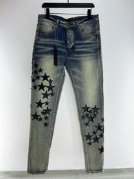 Highend brand mens jeans fashion leather pentagram stitching design pencil jeans top designer casual jeans