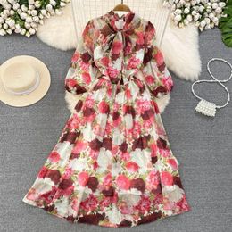 Casual Dresses French Chic Maxi For Women Floral Printing Long Lantern Sleeve Bow Lace-up Collar Dress Empire Chiffon Vestidos Dropship